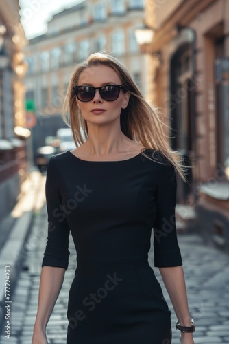 business woman in a black dress on a city street wearing sunglasses Generative AI © València