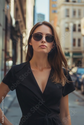 business woman in a black dress on a city street wearing sunglasses Generative AI © València