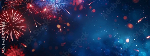 Fireworks in the night sky, red white and blue colors, large copy space at top of banner for text or logo Generative AI