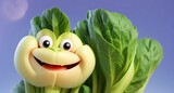 A cartoon character made out of vegetables, specifically bok choy.