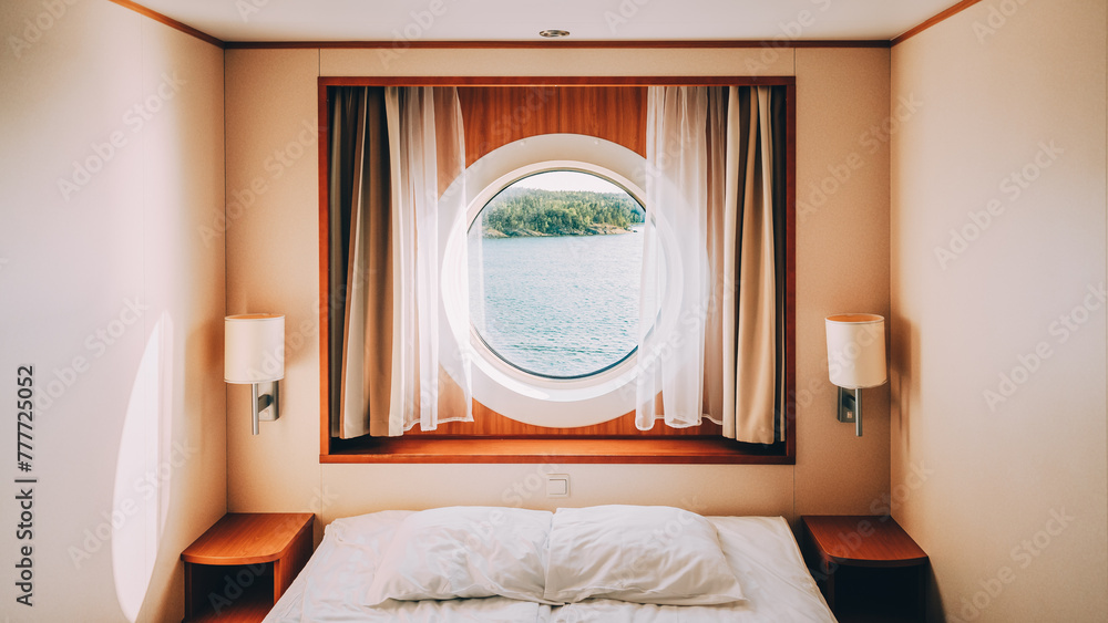 Ship Window In Craft Cabin With Bed. View On Sea. Luxury Cabin On Ferry Boat Or Cruise Liner. Sea Cruise Vacation Trip Travel Concept.