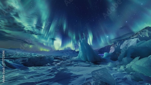 dream where twilight zone where the northern lights fill the entire sky, illuminating an icy landscape below