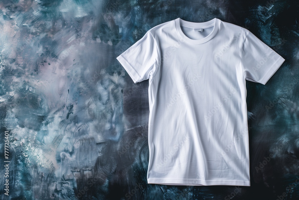 Top view of a white t-shirt with a reproduction on a dark background Top view of a white t-shirt with a reproduction on a dark background
