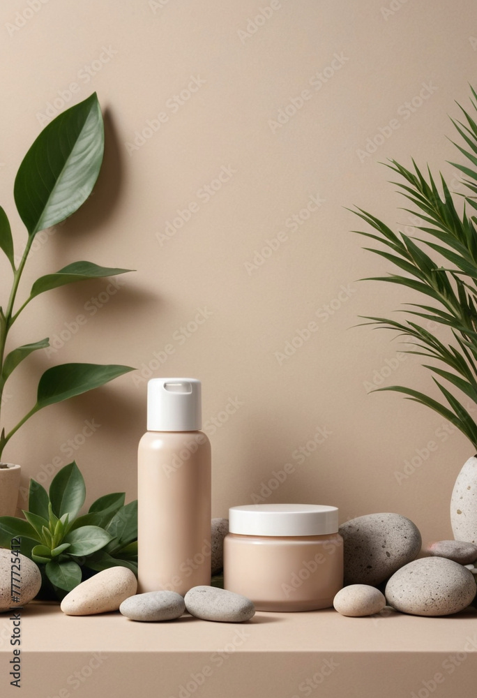Minimalist, professional commercial advertising poster, product photography for skin care products, beige wall with plants and stones in the background, soft light, soft colors, rich details