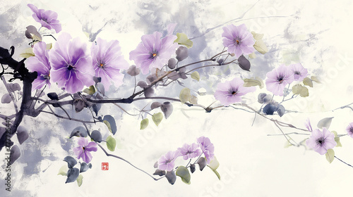 Ethereal Watercolor of Purple Blooming Branch with Chinese Seal