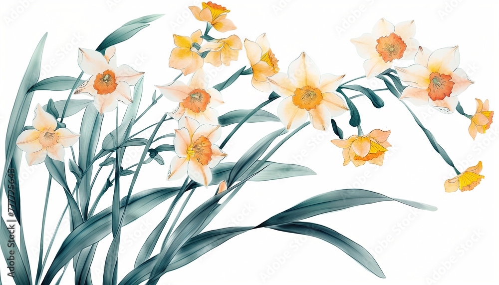 Graceful Watercolor Daffodils Artwork on White Background