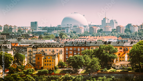 Stockholm, Sweden. Avicii Arena Ericsson Globe In Summer Skyline. It's Currently The Largest Hemispherical Building In The World, Used For Major Concerts, Sport Events.