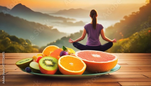 Fresh healthy fruit arranged, in the background a woman doing yoga. photo