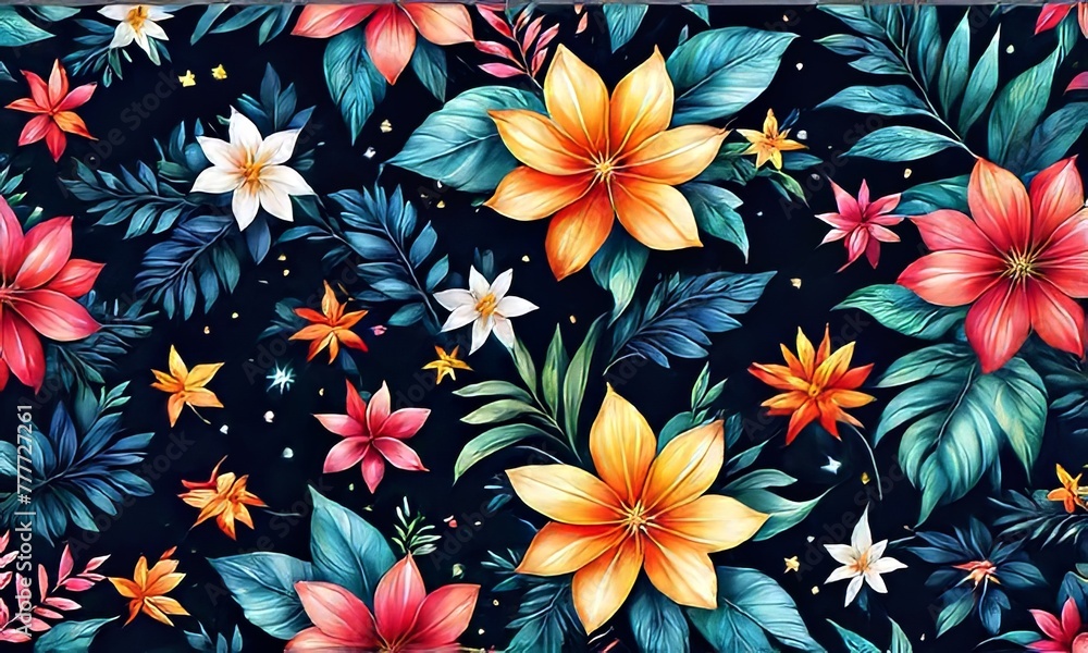 Fototapeta premium Vibrant flower painting set against dark backdrop. Bright colors of flowers pop out, creating visually appealing, captivating piece of artwork. For art, creative projects, fashion, style, magazines.