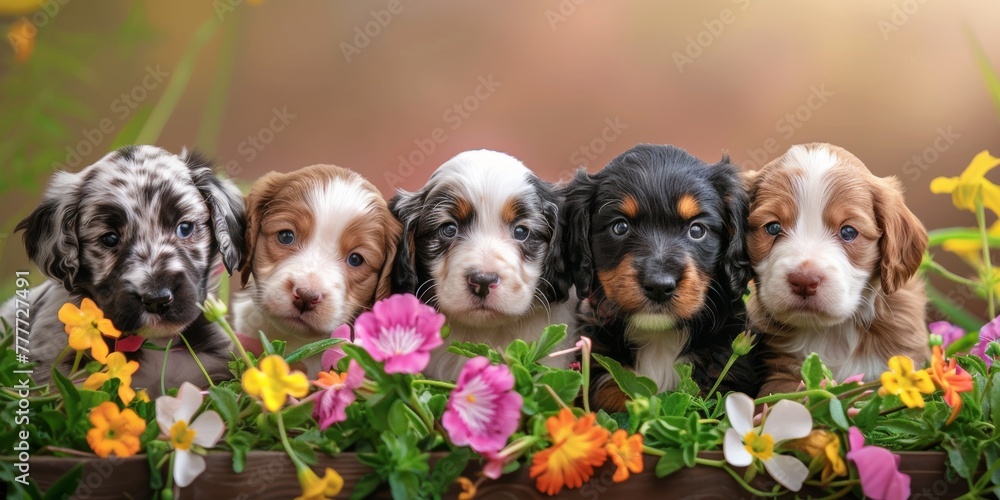 puppies on a floral background Generative AI