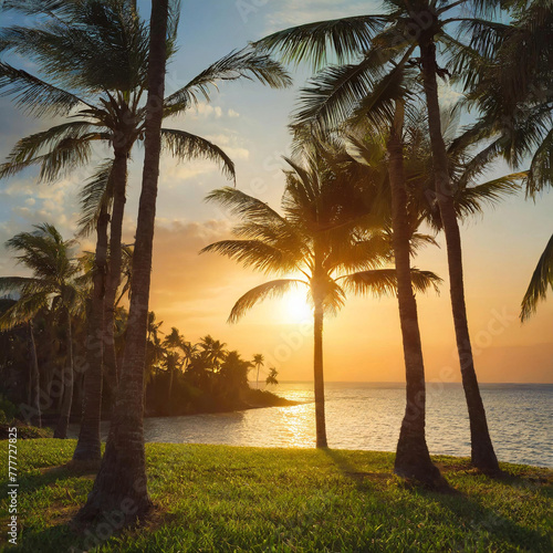 sunset between palm trees