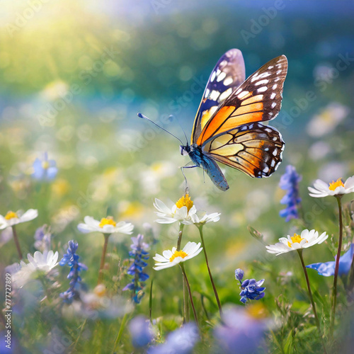 A beautiful picture of a butterfly flying in a spring flower field