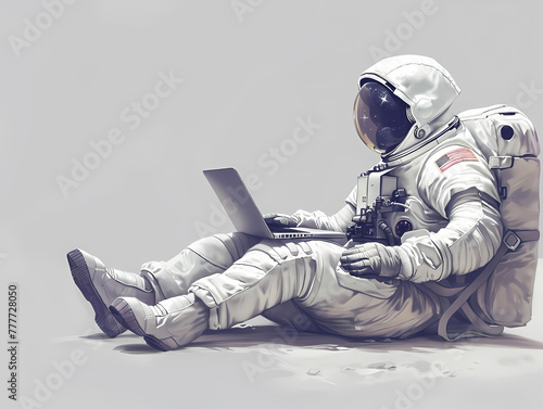 3/4 front view illustration of an astronaut sitting with a laptop against a plain white background photo