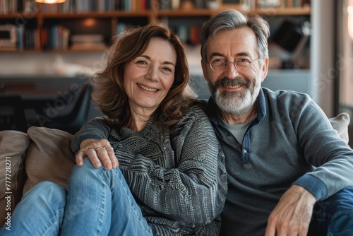 Cheerful mature couple sitting on sofa at home