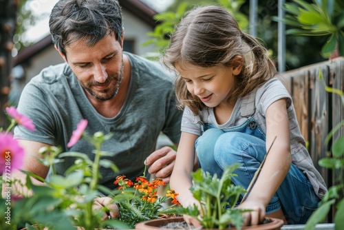 Father and daughter planting flowers together