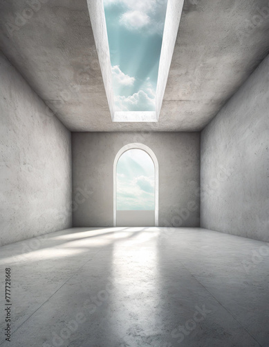 Empty room interior with concrete walls  grey floor with light and soft skylight from window. Background with copy-space