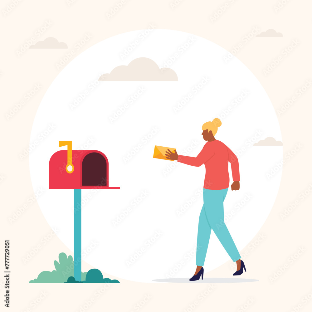 Businesswoman holding envelope inserting into mail box flat vector cartoon illustration