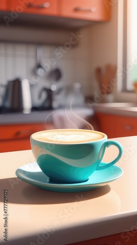 blue cup of coffee with steam on a wooden table in a cozy home atmosphere in a warm light. The concept of home comfort and good morning.