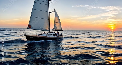 A sailboat sailing on the ocean at sunset.