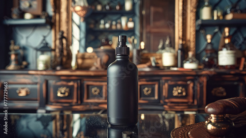 Vintage bottle on apothecary cabinet