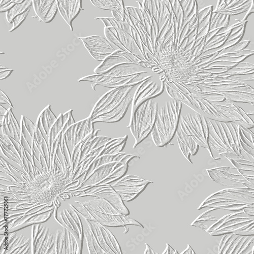 3d embossed lines floral seamless pattern. Textured aster flowers relief background. Repeat emboss white backdrop. Surface leaves, flowers. 3d line art flowers ornament with embossing effect. Art