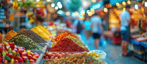 A traditional roadside market with stalls filled with colorful spices. Trade and local cultural wisdom.