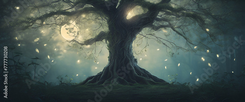 A whimsical enchanted forest scene with a magical tree and glowing fireflies under a moonlit sky. Generative AI photo