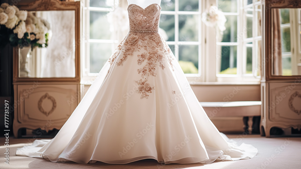 Wedding drees, bridal gown style and bespoke fashion, full-legth white tailored ball gown in showroom, tailor fitting, beauty and wedding Wedding drees, bridal gown style and bespoke fashion, full-legth white tailored ball gown in showroom, tailor fitting, beauty and wedding