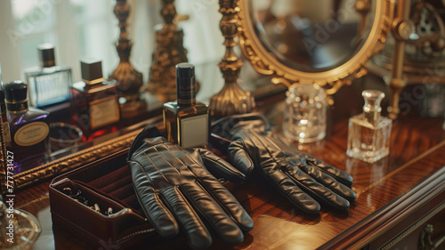 Vintage-style vanity with gloves and perfumes