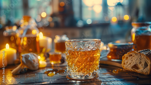 Whiskey glass with candles and honey