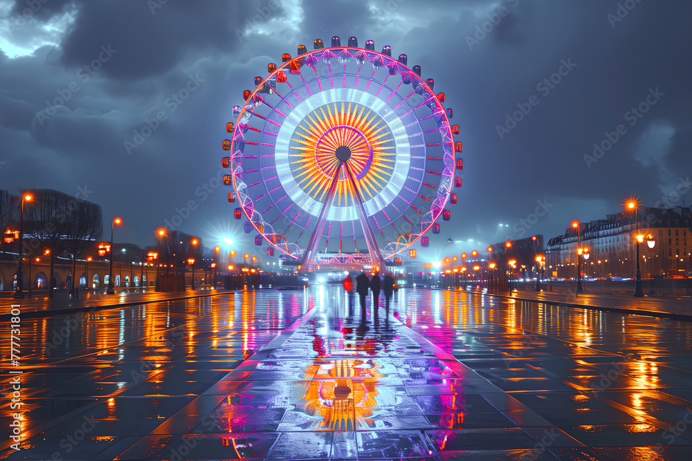 A bright ferris wheel lights up the night sky, creating a colorful and vibrant scene. The wheel is in motion, with its brightly lit gondolas rotating against a dark backdrop