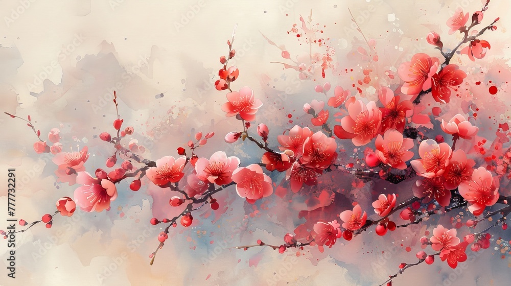 An illustration of blooming cherry twigs in a modern format.