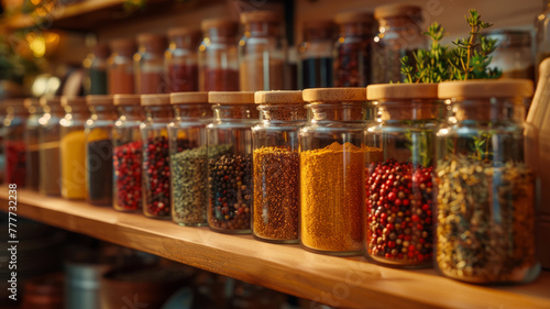 Row of spice jars on a shelf