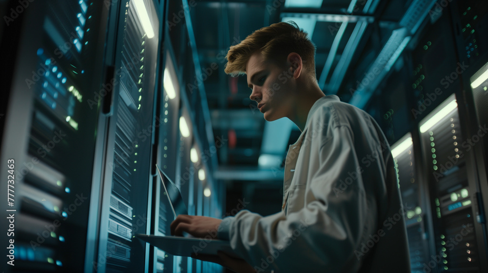 Fototapeta premium Side view of young man using laptop while standing in server room.