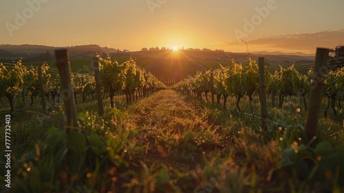 A sprawling vineyard at golden hour, rows of vines leading towards a distant hill, the setting sun casting a warm glow over the scene, embodying the richness of the earth and the labor
