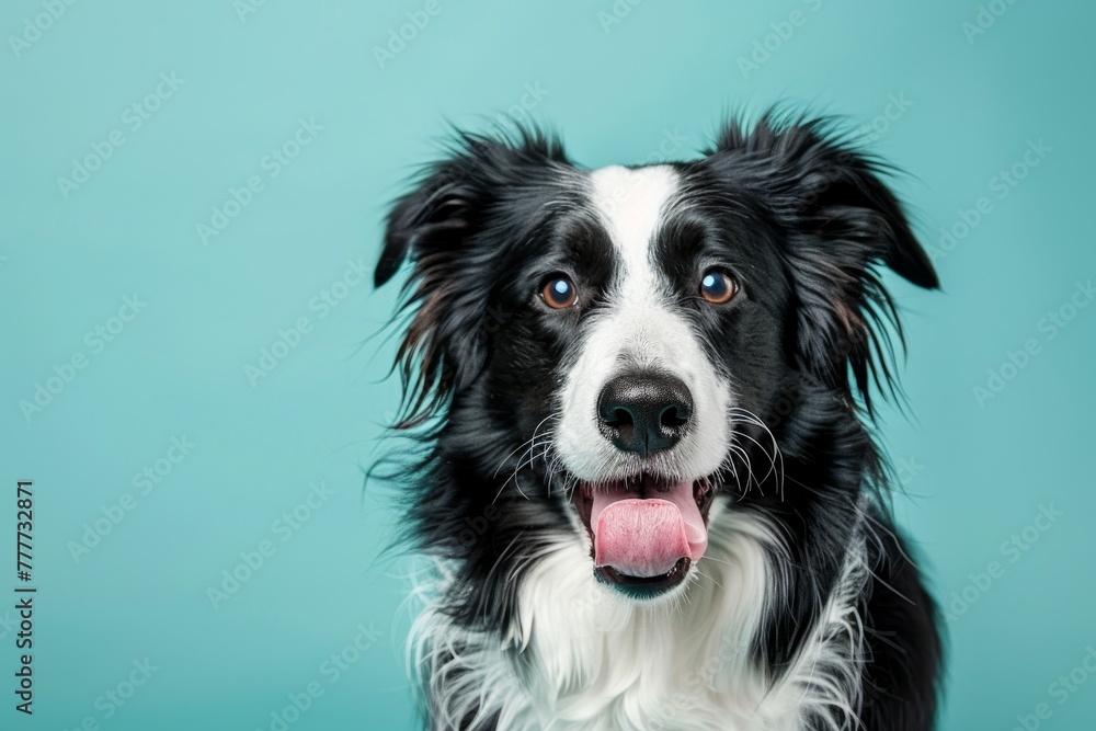 studio headshot portrait of border collie looking forward licking with tongue to the side and a teal blue background