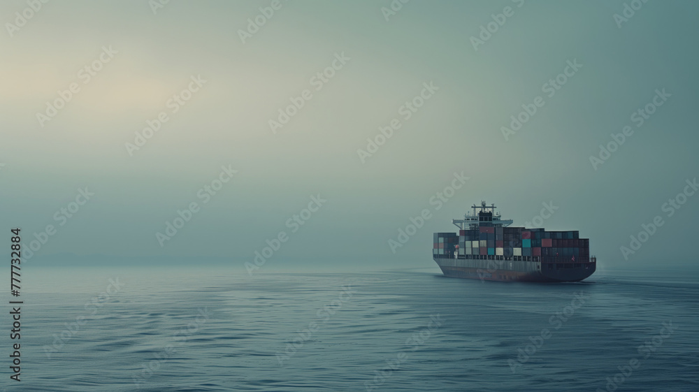 Large cargo ship with containers sailing on calm ocean foggy horizon