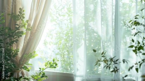 Morning sunlight filters through sheer curtains beside potted plant by window