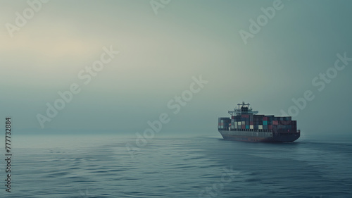 Large cargo ship with containers sailing on calm ocean foggy horizon