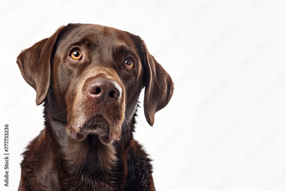 Studio headshot portrait of Chocolate Labrador retriever with quirky expression against a white background