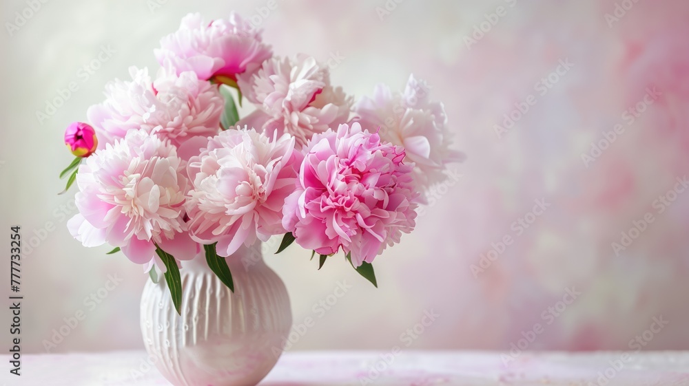 Fototapeta premium Vibrant bouquet of pink peonies in white vase against soft pastel background