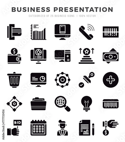 Simple Set of Business Presentation Related Vector Glyph Icons.