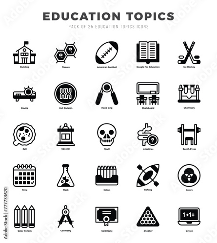 Collection of Education Topics 25 Lineal Filled Icons Pack.