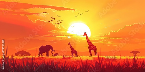 Sunset in the African savannah and silhouettes of animals in the background, elephants and giraffes, background, wallpaper. © Oleksii