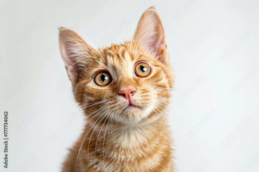 studio headshot portrait of rescued orange tabby cat looking forward against a white background