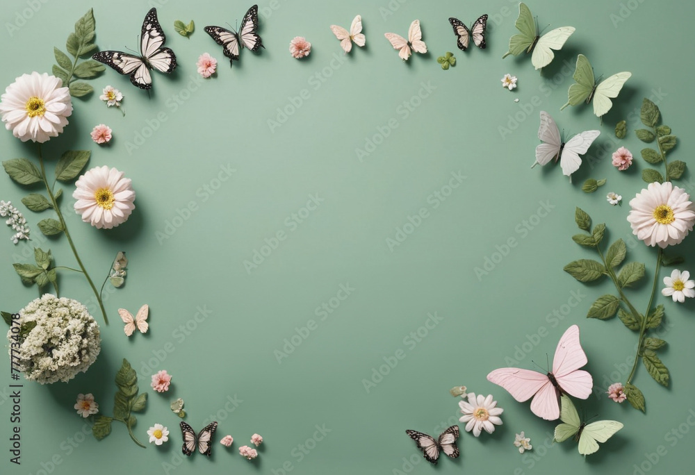 a few flowers and butterflies. The overall green tone is e-commerce style, minimalist and exquisite