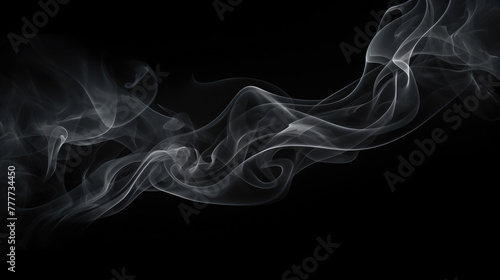 White twirl smooth flowing curve smoke, isolated on black background. concept of technology, digital, communication, science, music 