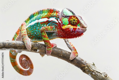 studio portrait of a red green and yellow chameleon on a branch against a white background
