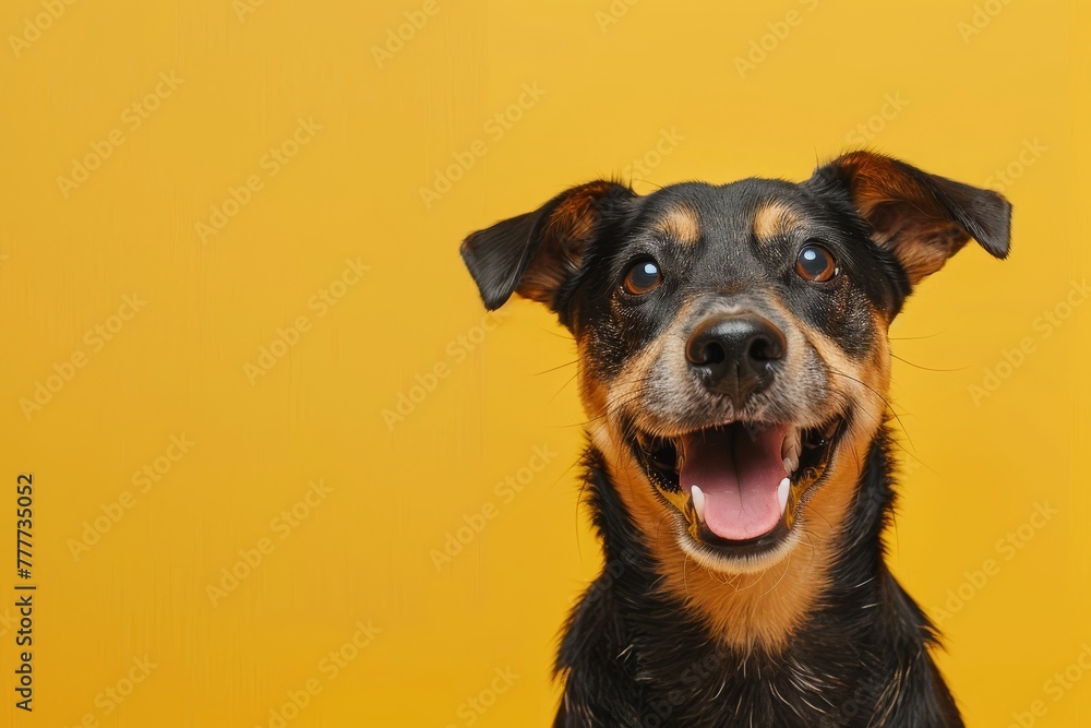 Studio portrait of a smiling dog in front of yellow background