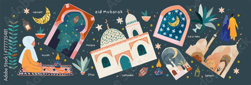 Ramadan Kareem. Eid Mubarak. Eid al Adha. Eid al Fitr. Vector illustration of a mosque , a Muslim woman praying, window, people, arch, crescent, building, city for greeting card or banner